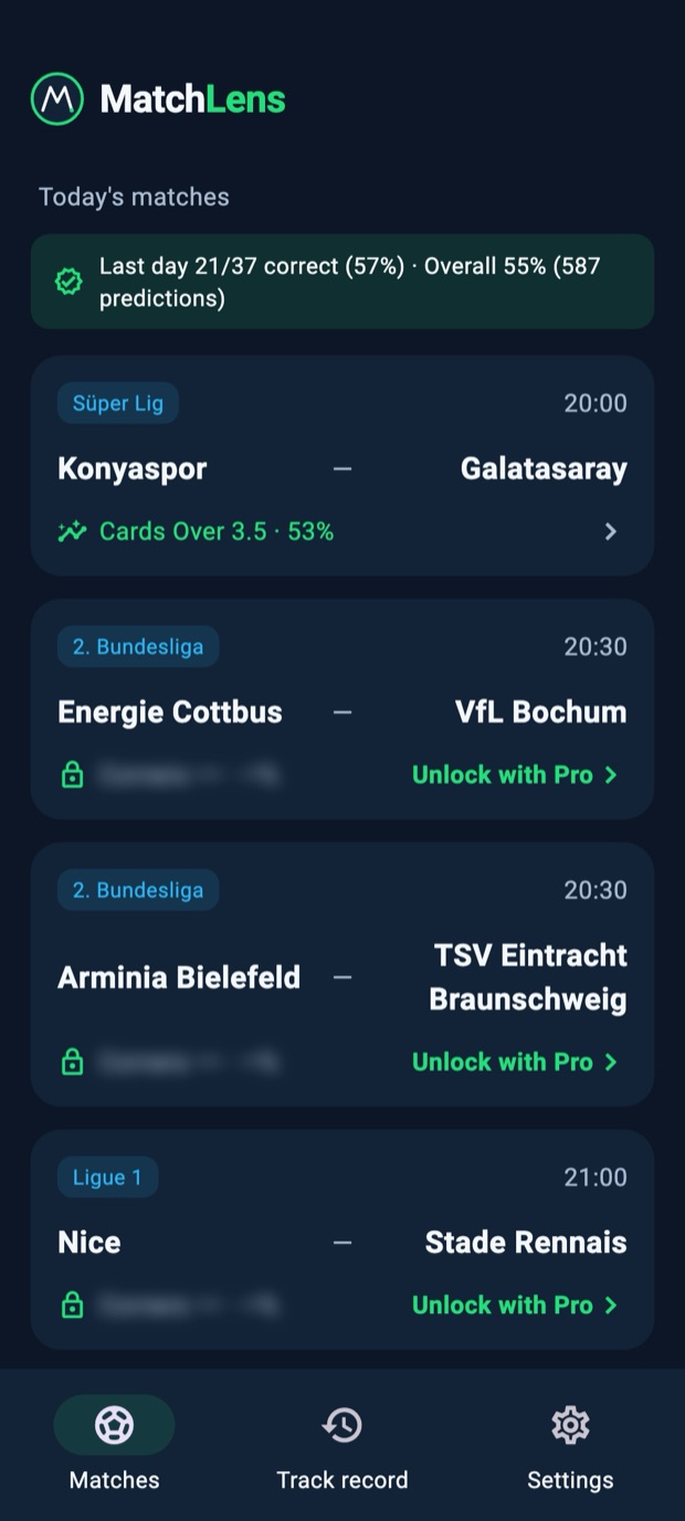 MatchLens match list screen