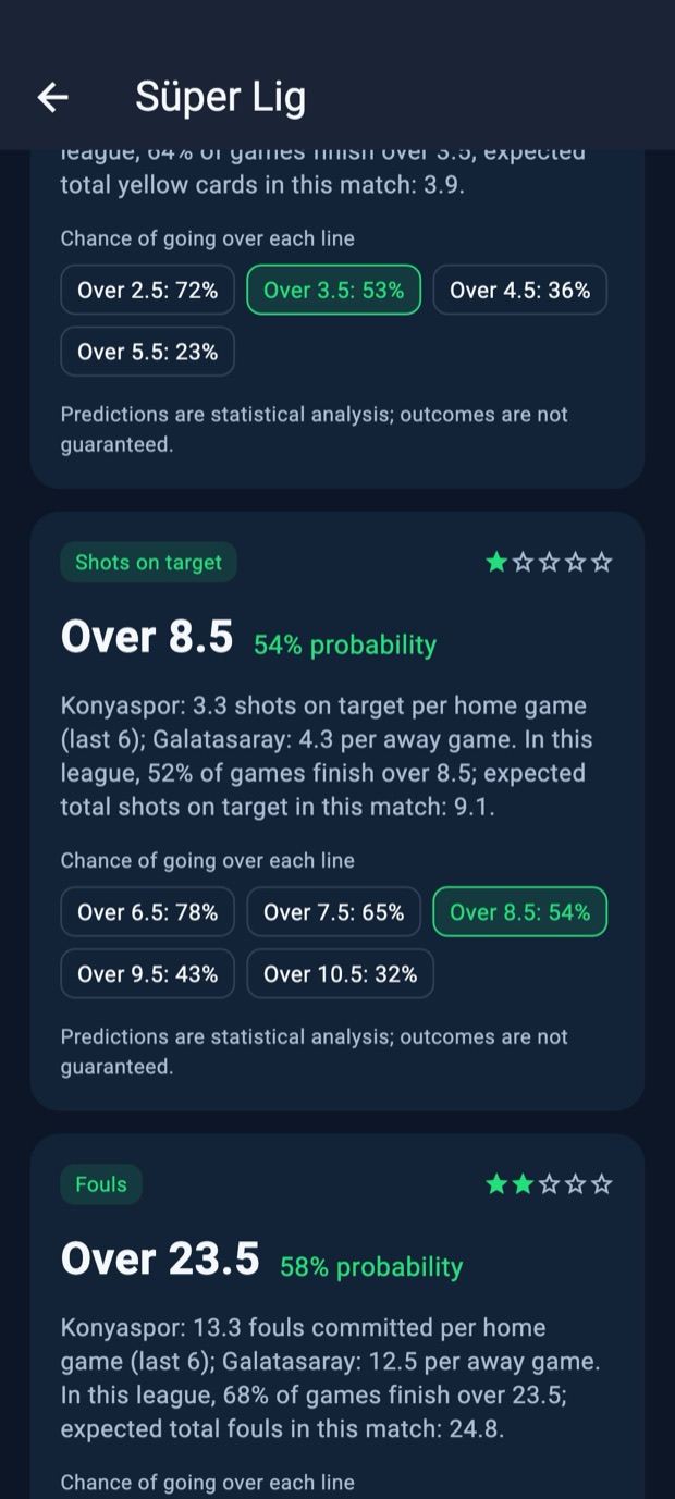 MatchLens prediction screen with a probability, its reasoning and rates by line