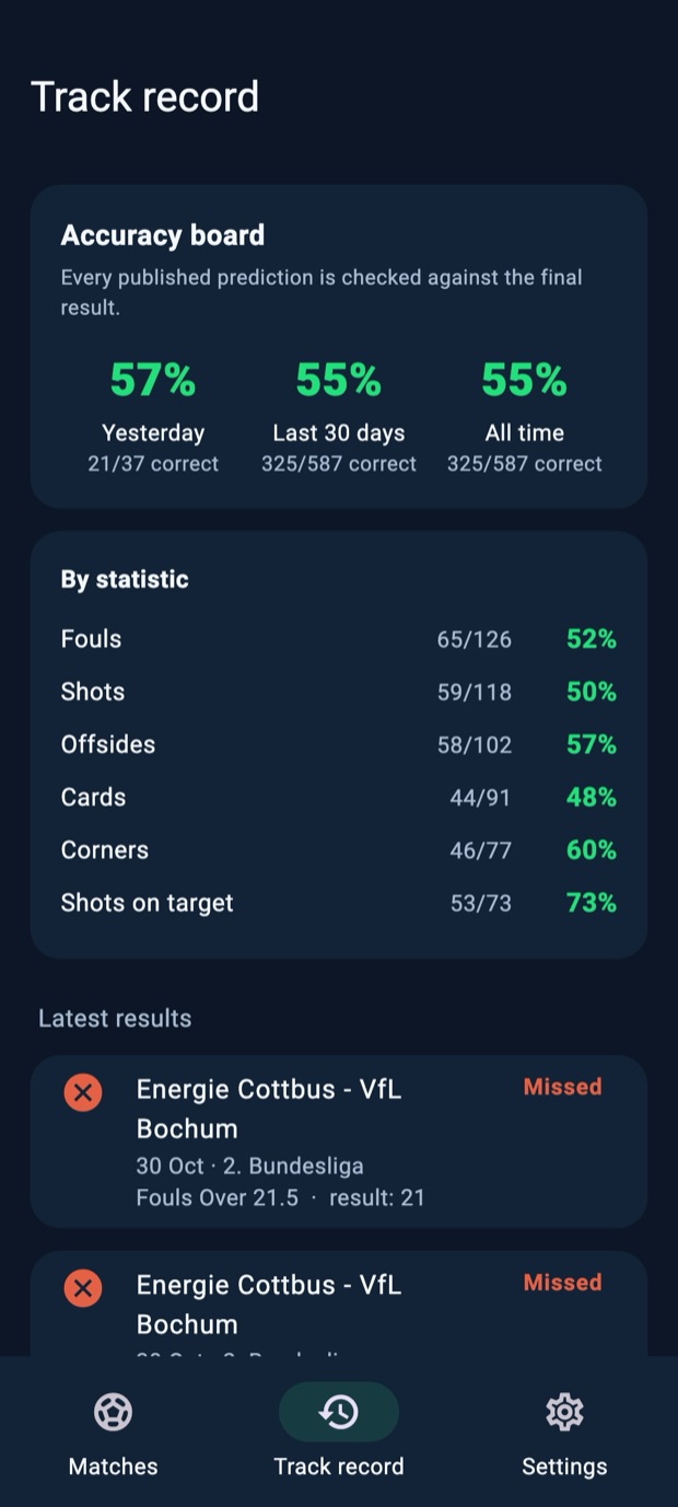 MatchLens track record screen