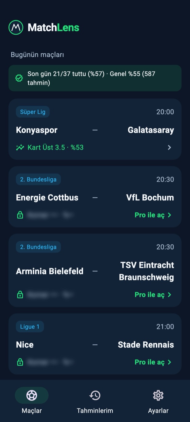 MatchLens maç listesi ekranı