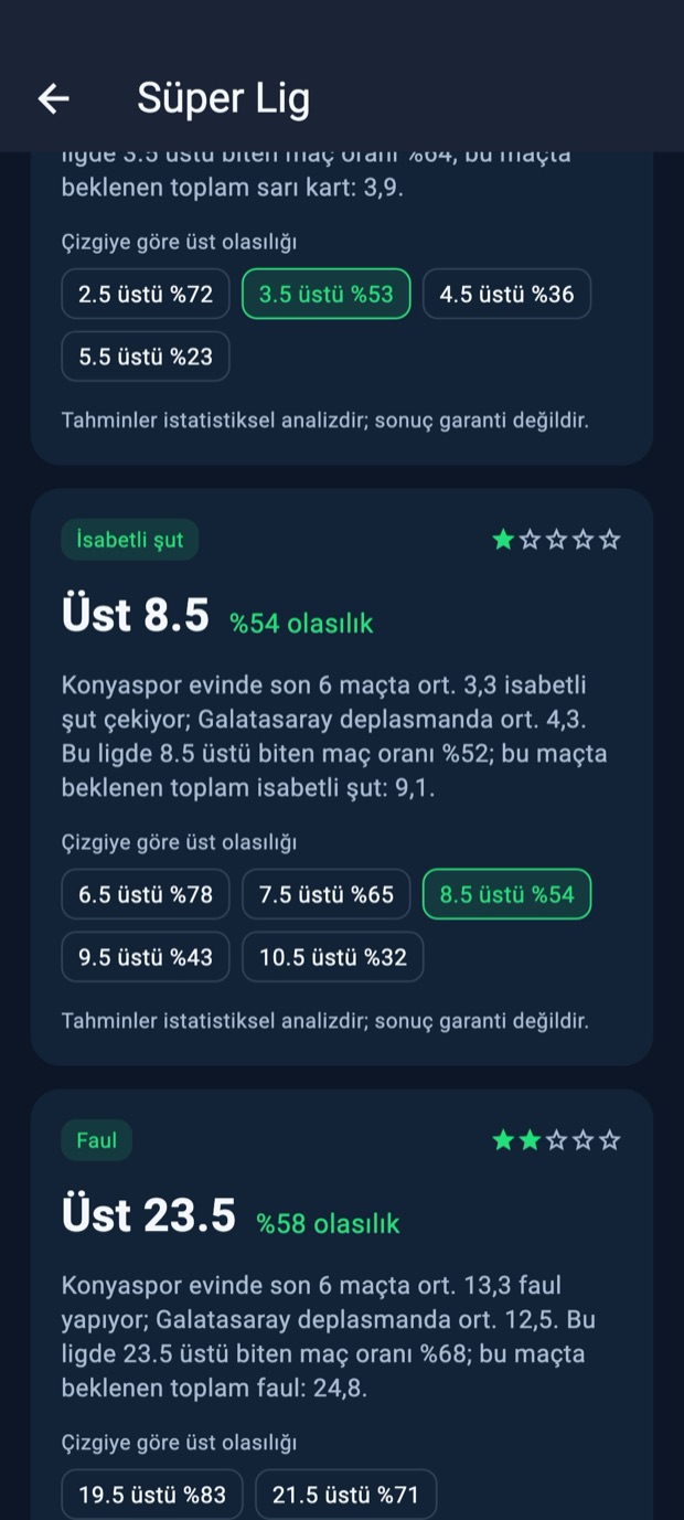 MatchLens tahmin ekranı: olasılık, gerekçe ve çizgilere göre oranlar
