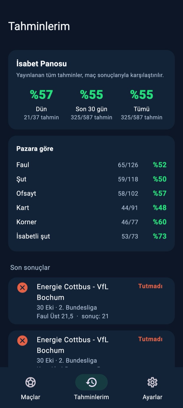 MatchLens isabet kaydı ekranı